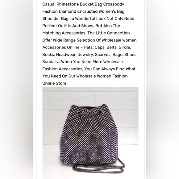 Black & Silver Mini Bucket Bag Crossbody Cinch w/Diamond Encrusted Detail - Picture 7 of 7